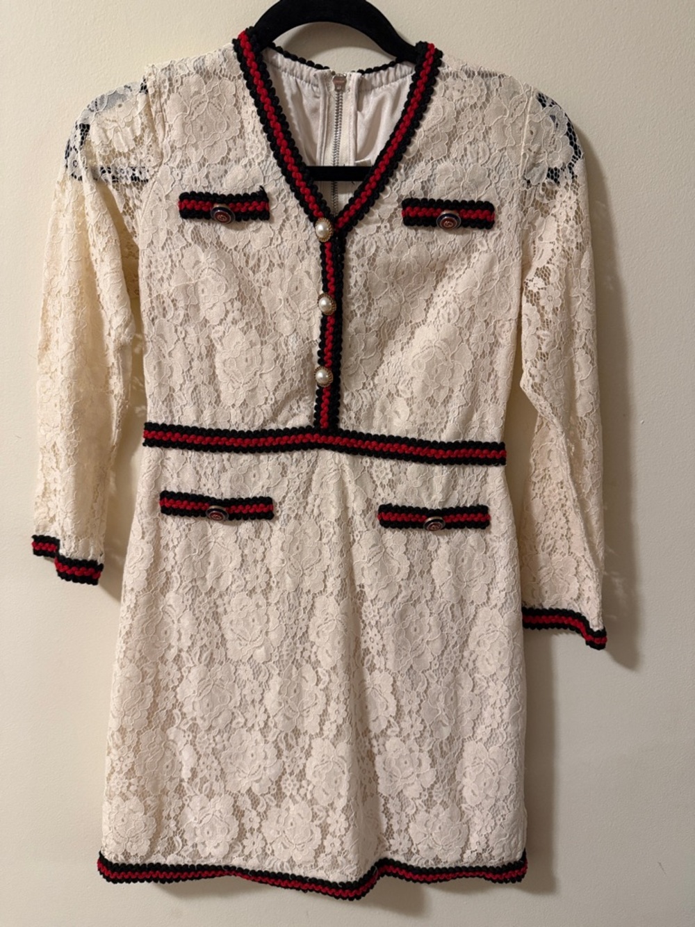 Ivory Lace Mini Dress with Black & Red Trim